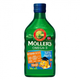 Möllers omega-3 halolaj étrend-kiegészítő a, d és e-vitaminnal, tutti-frutti ízesítéssel 250ml